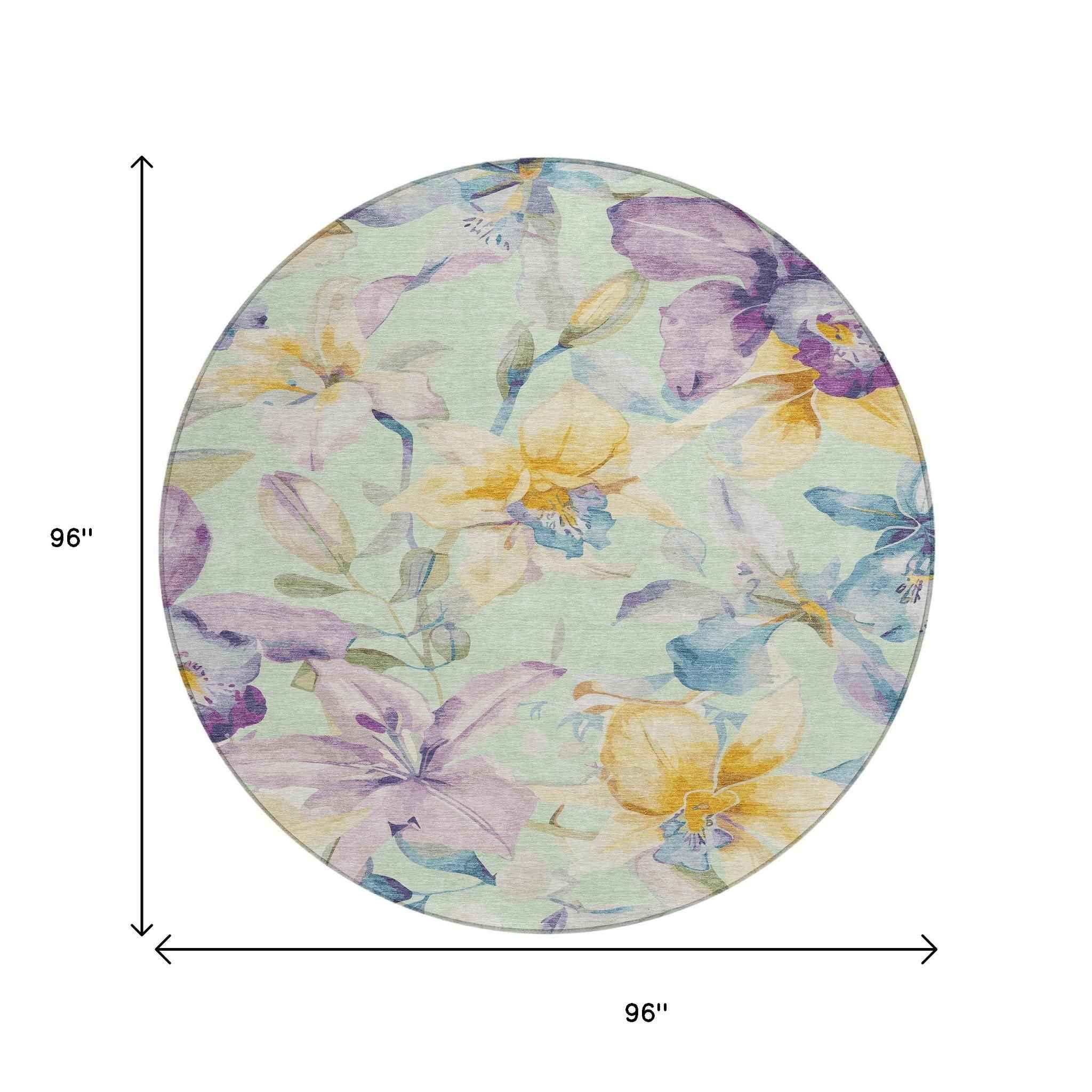 8' Mint Green Gold And Lavender Round Floral Washable Indoor Outdoor Area Rug