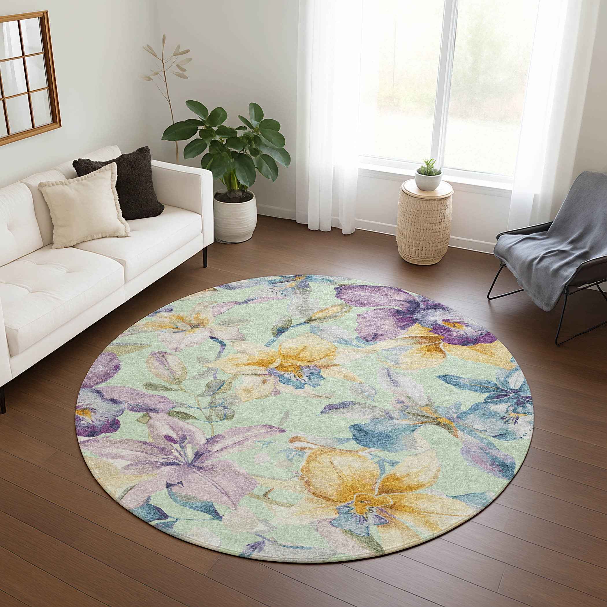 8' Mint Green Gold And Lavender Round Floral Washable Indoor Outdoor Area Rug