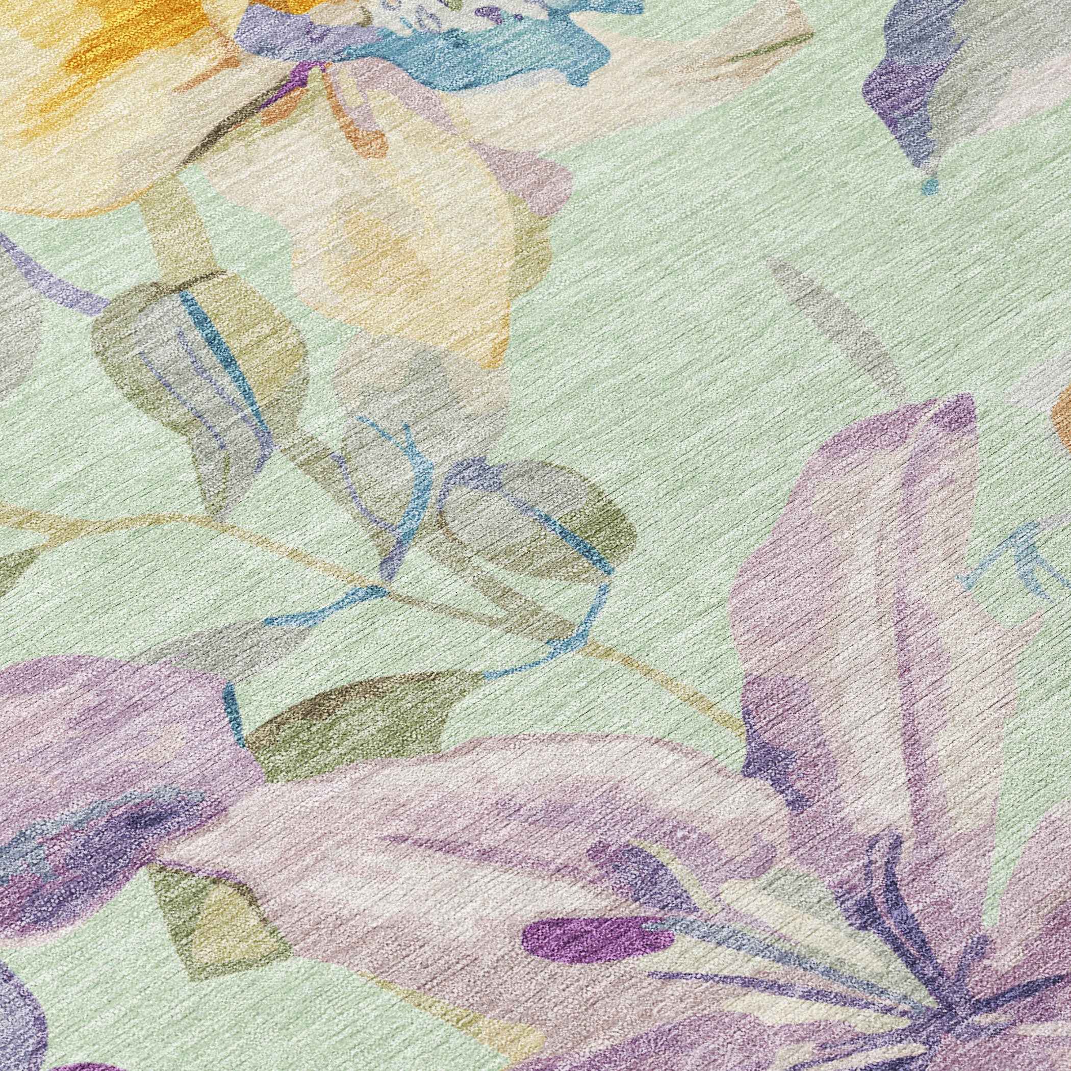 8' Mint Green Gold And Lavender Round Floral Washable Indoor Outdoor Area Rug