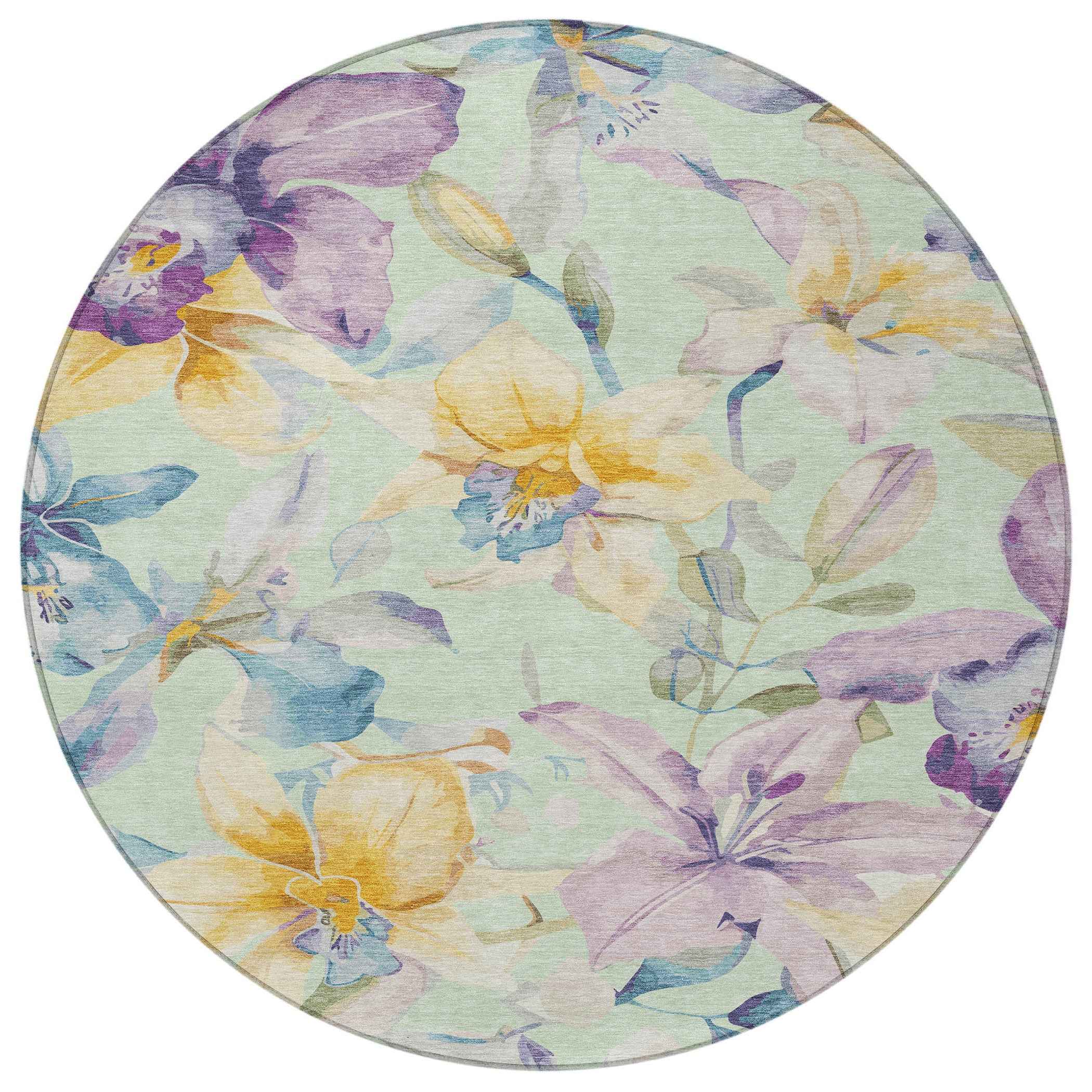 8' Mint Green Gold And Lavender Round Floral Washable Indoor Outdoor Area Rug