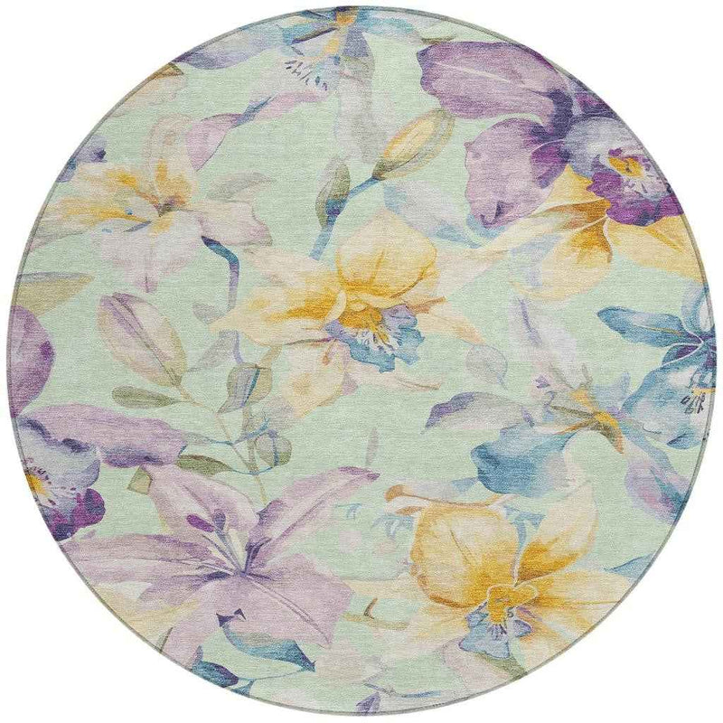 8' Mint Green Gold And Lavender Round Floral Washable Indoor Outdoor Area Rug