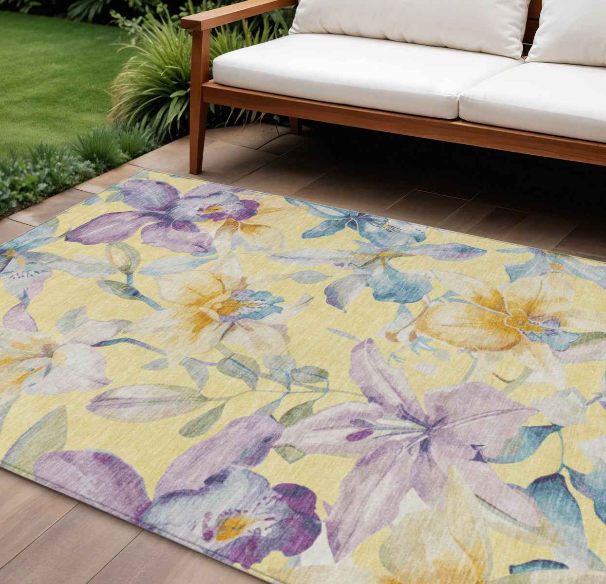 9' X 12' Yellow Gold And Lavender Floral Washable Indoor Outdoor Area Rug
