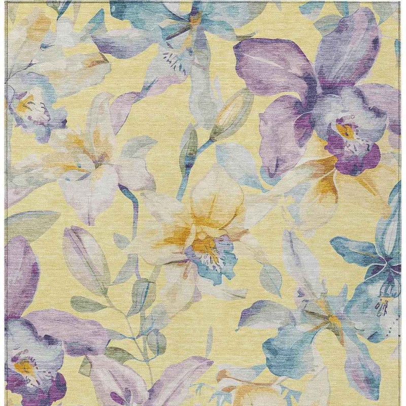 9' X 12' Yellow Gold And Lavender Floral Washable Indoor Outdoor Area Rug