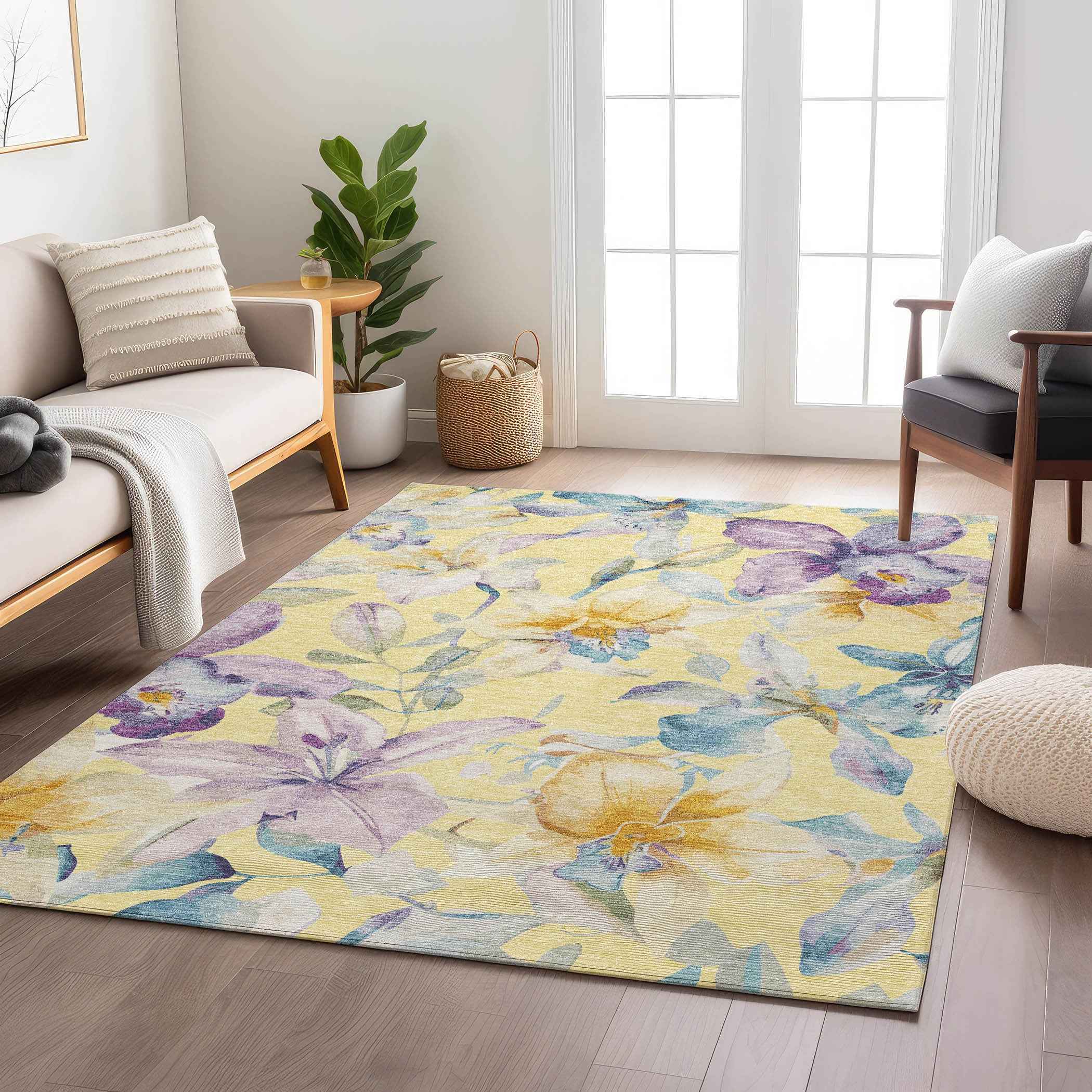 9' X 12' Yellow Gold And Lavender Floral Washable Indoor Outdoor Area Rug