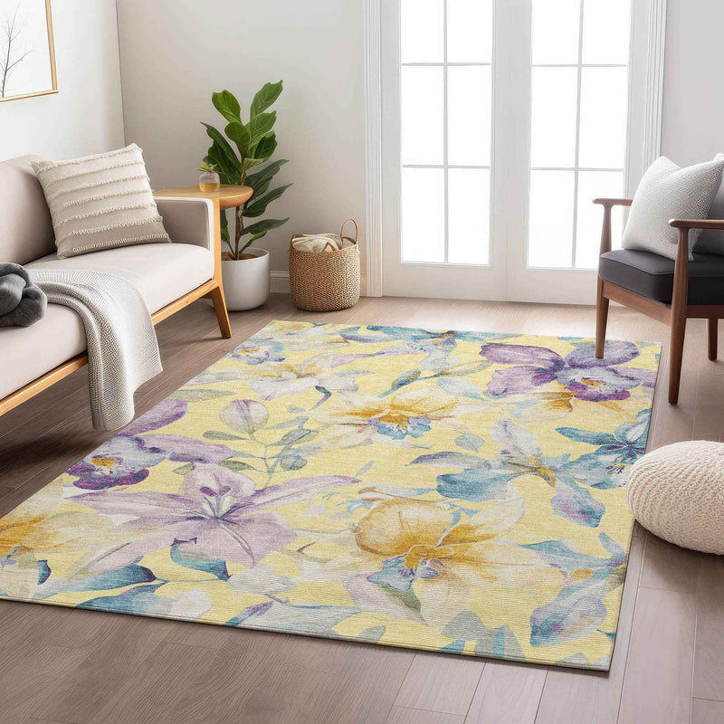 9' X 12' Yellow Gold And Lavender Floral Washable Indoor Outdoor Area Rug