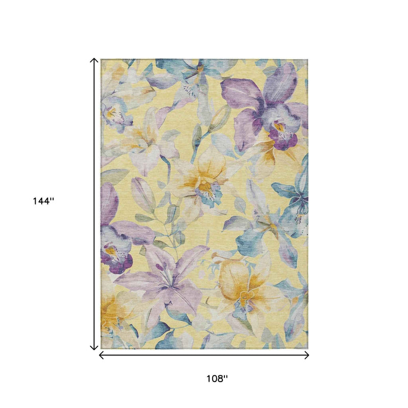 9' X 12' Yellow Gold And Lavender Floral Washable Indoor Outdoor Area Rug