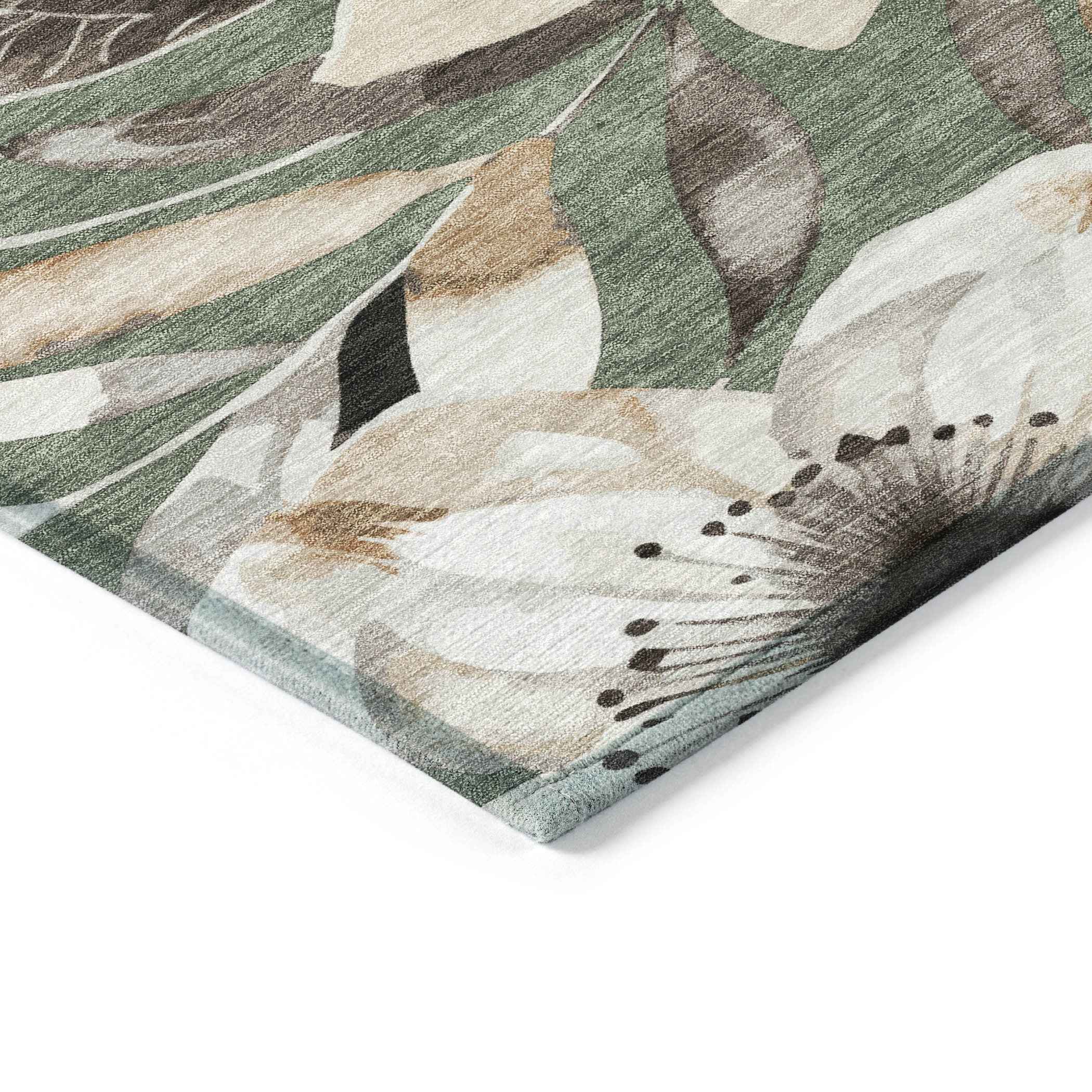 8' X 10' Sage Ivory And Charcoal Floral Washable Indoor Outdoor Area Rug