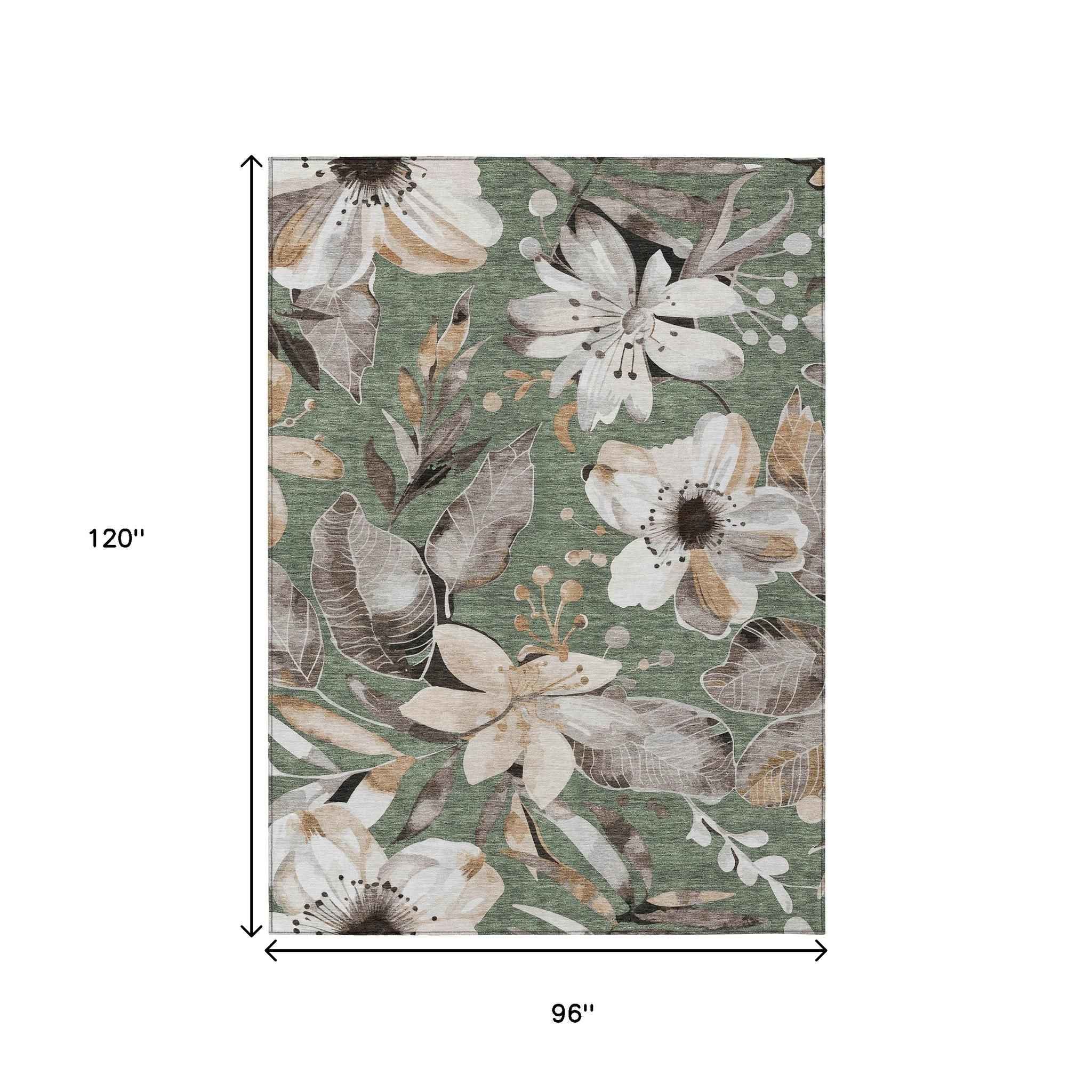 8' X 10' Sage Ivory And Charcoal Floral Washable Indoor Outdoor Area Rug