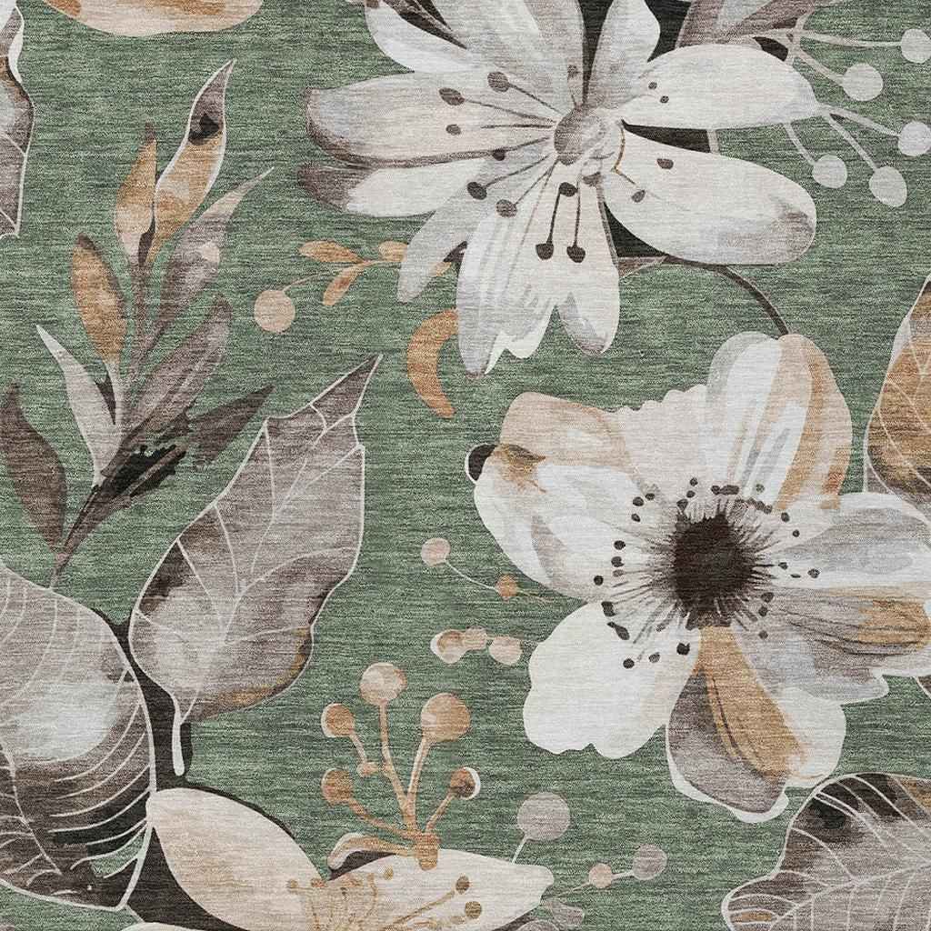 8' X 10' Sage Ivory And Charcoal Floral Washable Indoor Outdoor Area Rug