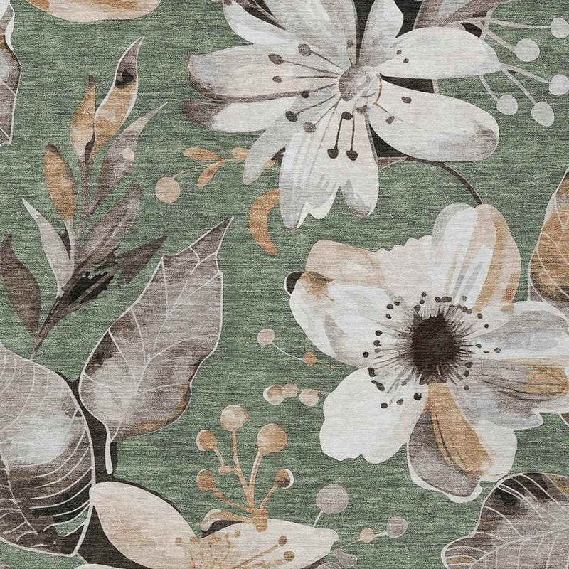 8' X 10' Sage Ivory And Charcoal Floral Washable Indoor Outdoor Area Rug