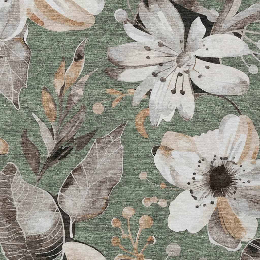 8' X 10' Sage Ivory And Charcoal Floral Washable Indoor Outdoor Area Rug