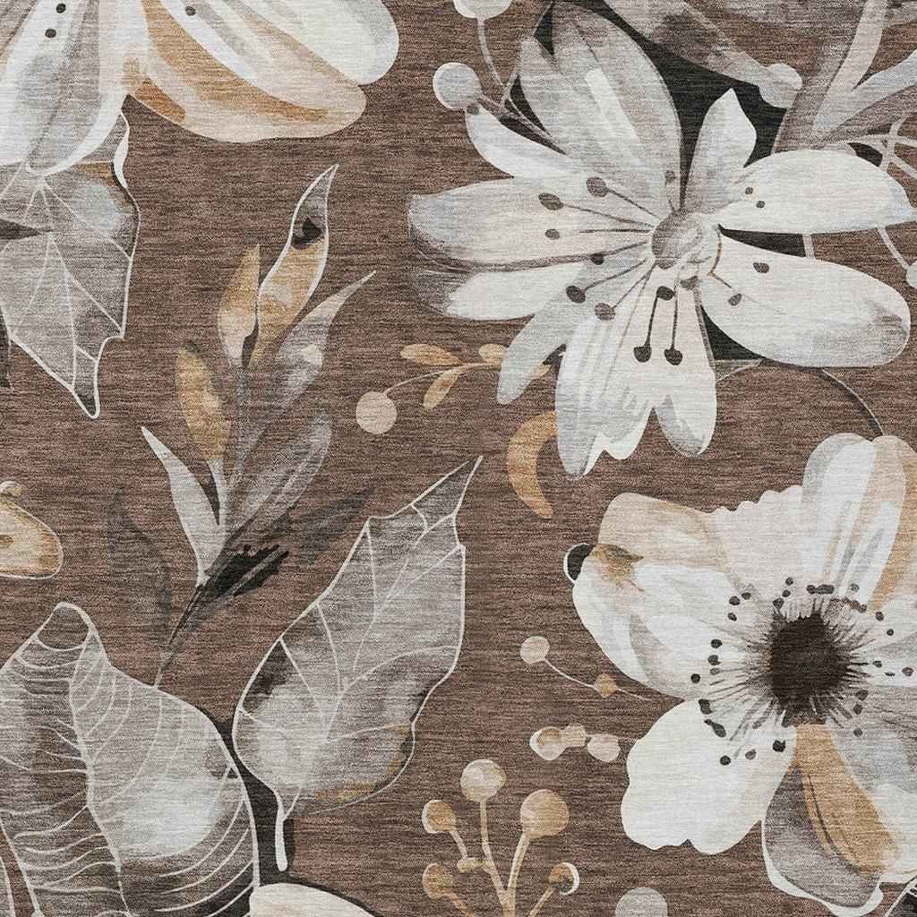 10' X 14' Chocolate Ivory And Wheat Floral Washable Indoor Outdoor Area Rug
