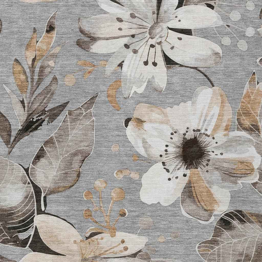 9' X 12' Gray Ivory And Charcoal Floral Washable Indoor Outdoor Area Rug