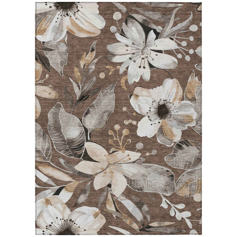 10' X 14' Chocolate Ivory And Wheat Floral Washable Indoor Outdoor Area Rug