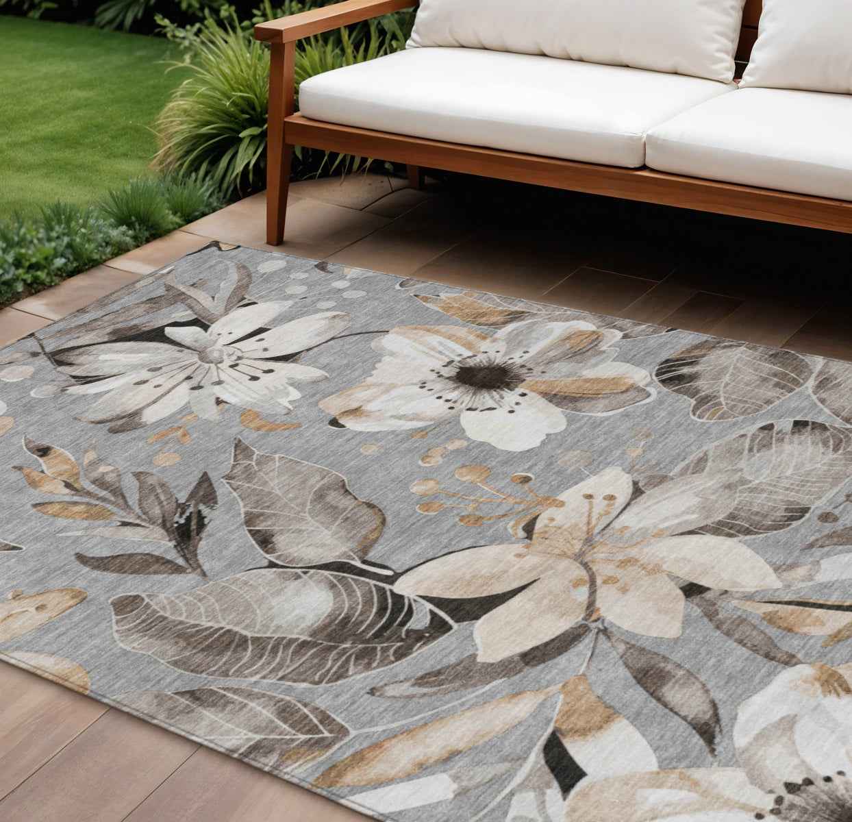 9' X 12' Gray Ivory And Charcoal Floral Washable Indoor Outdoor Area Rug