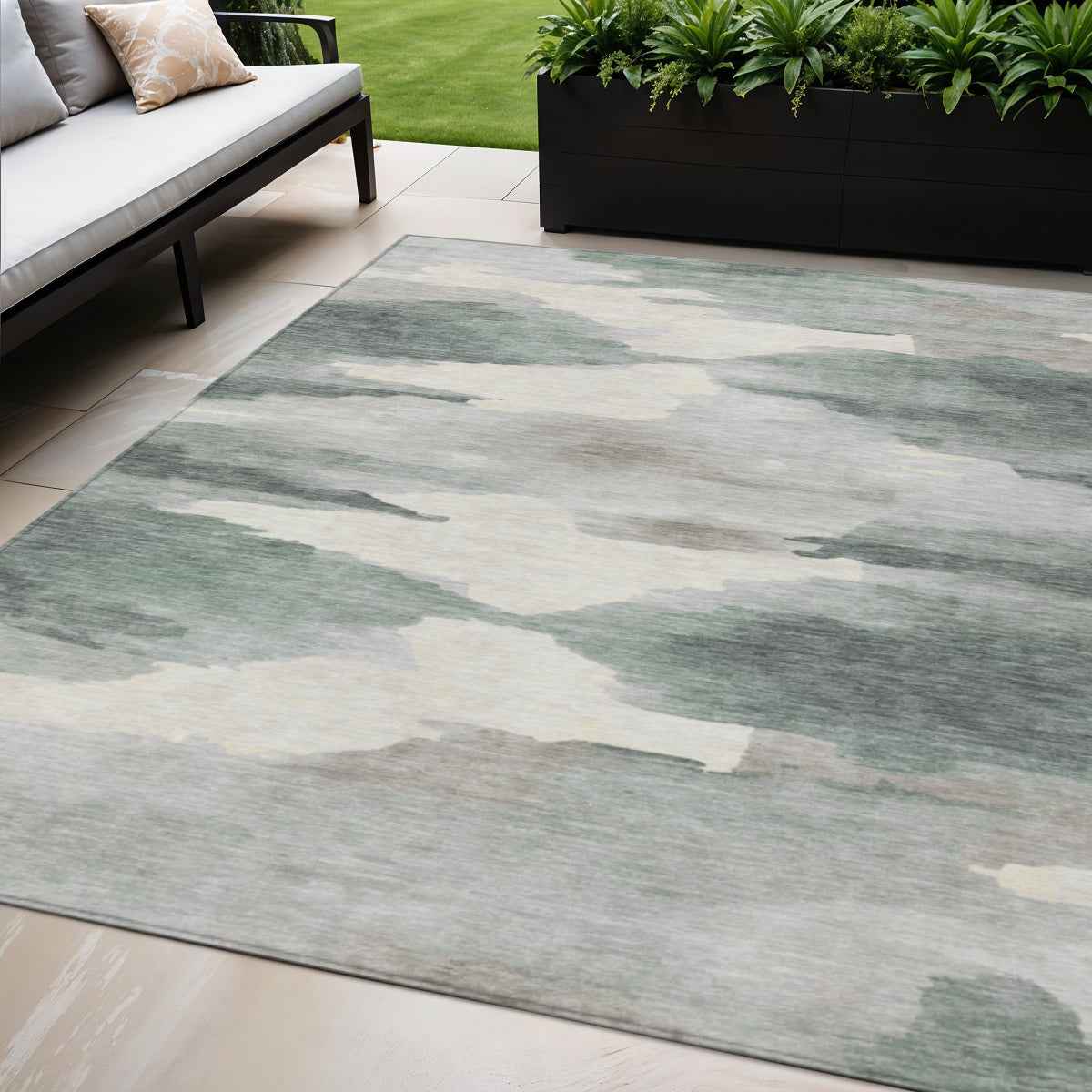 5' X 8' Sage And Ivory Abstract Washable Indoor Outdoor Area Rug