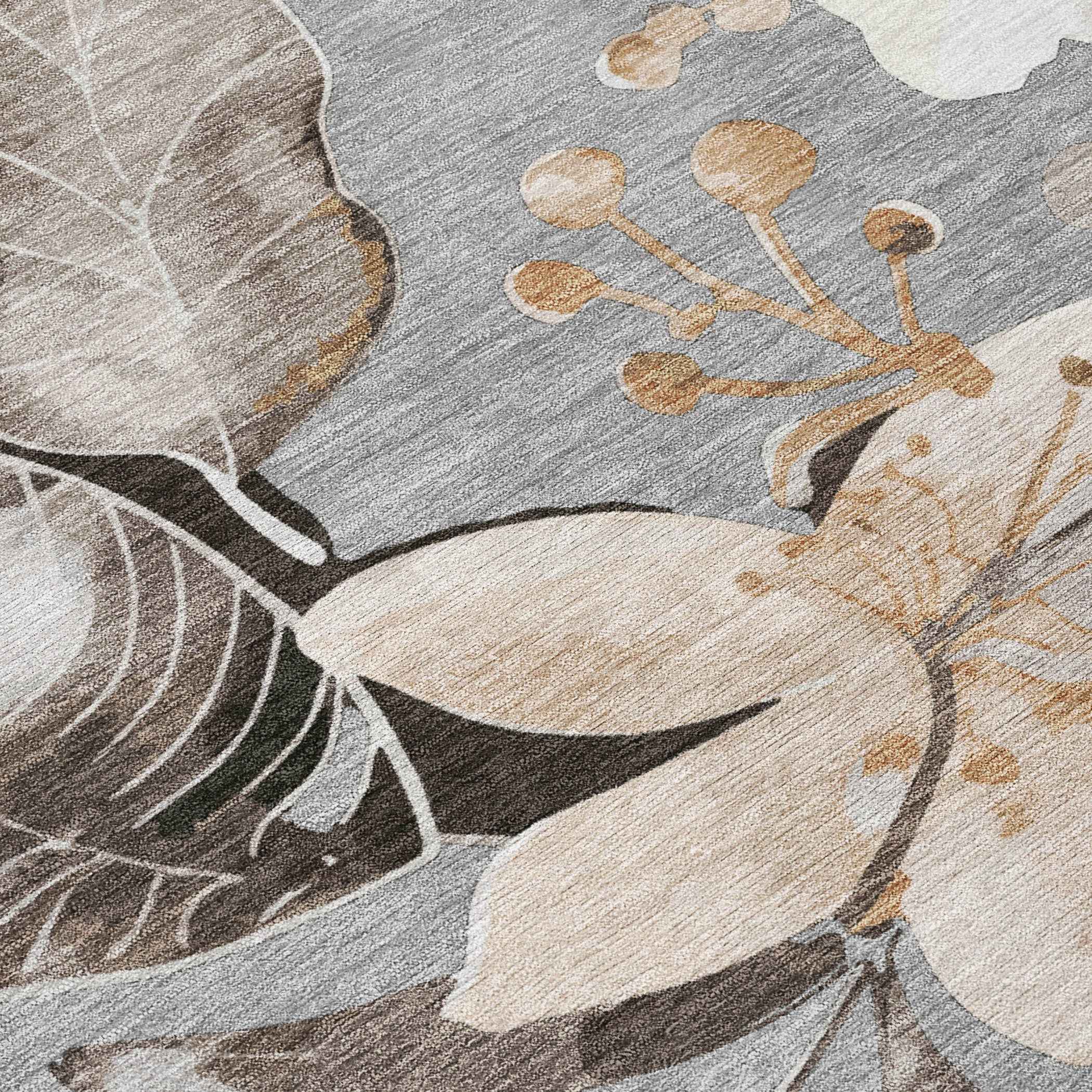 9' X 12' Gray Ivory And Charcoal Floral Washable Indoor Outdoor Area Rug