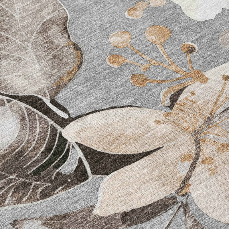 9' X 12' Gray Ivory And Charcoal Floral Washable Indoor Outdoor Area Rug