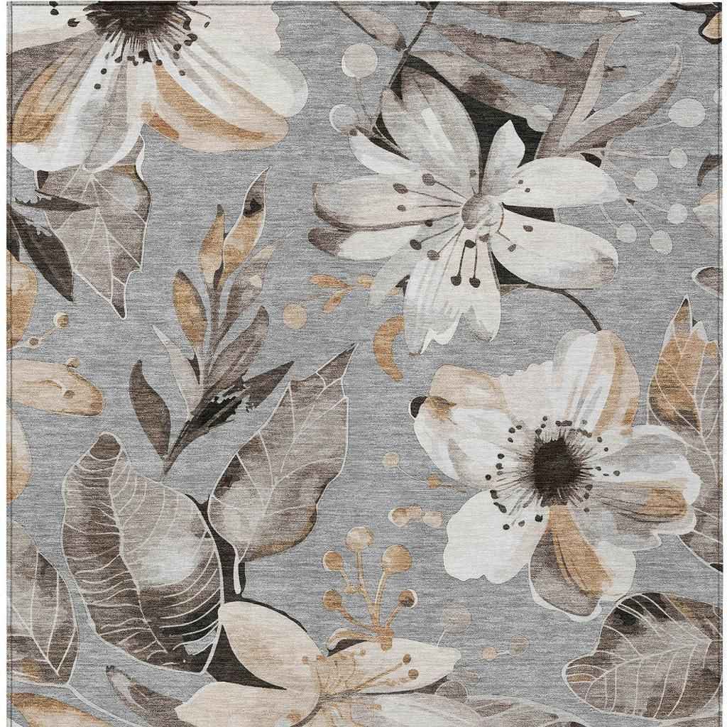 9' X 12' Gray Ivory And Charcoal Floral Washable Indoor Outdoor Area Rug