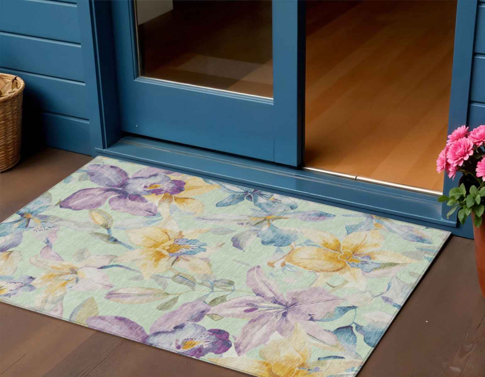 3' X 5' Mint Green Gold And Lavender Floral Washable Indoor Outdoor Area Rug