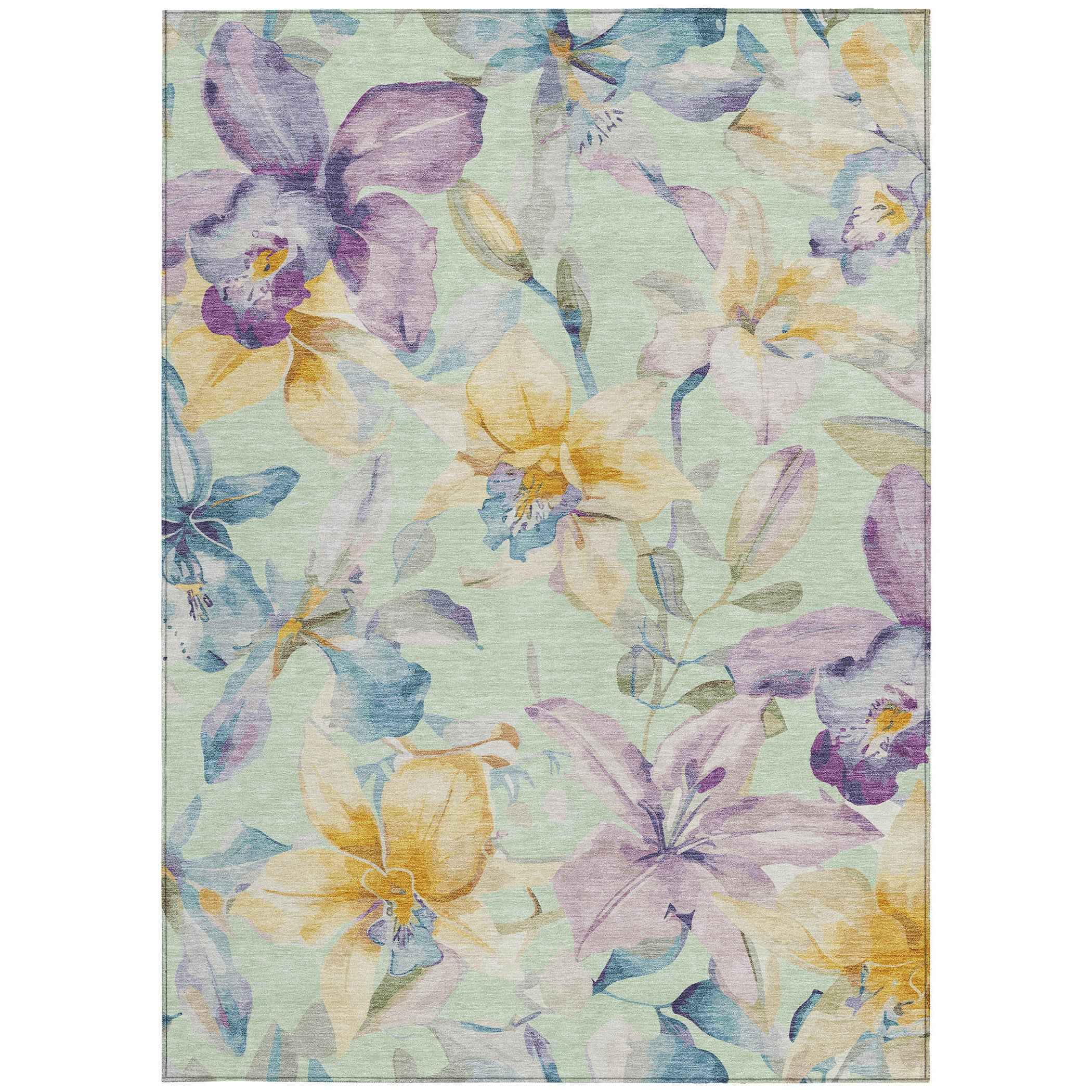 3' X 5' Mint Green Gold And Lavender Floral Washable Indoor Outdoor Area Rug