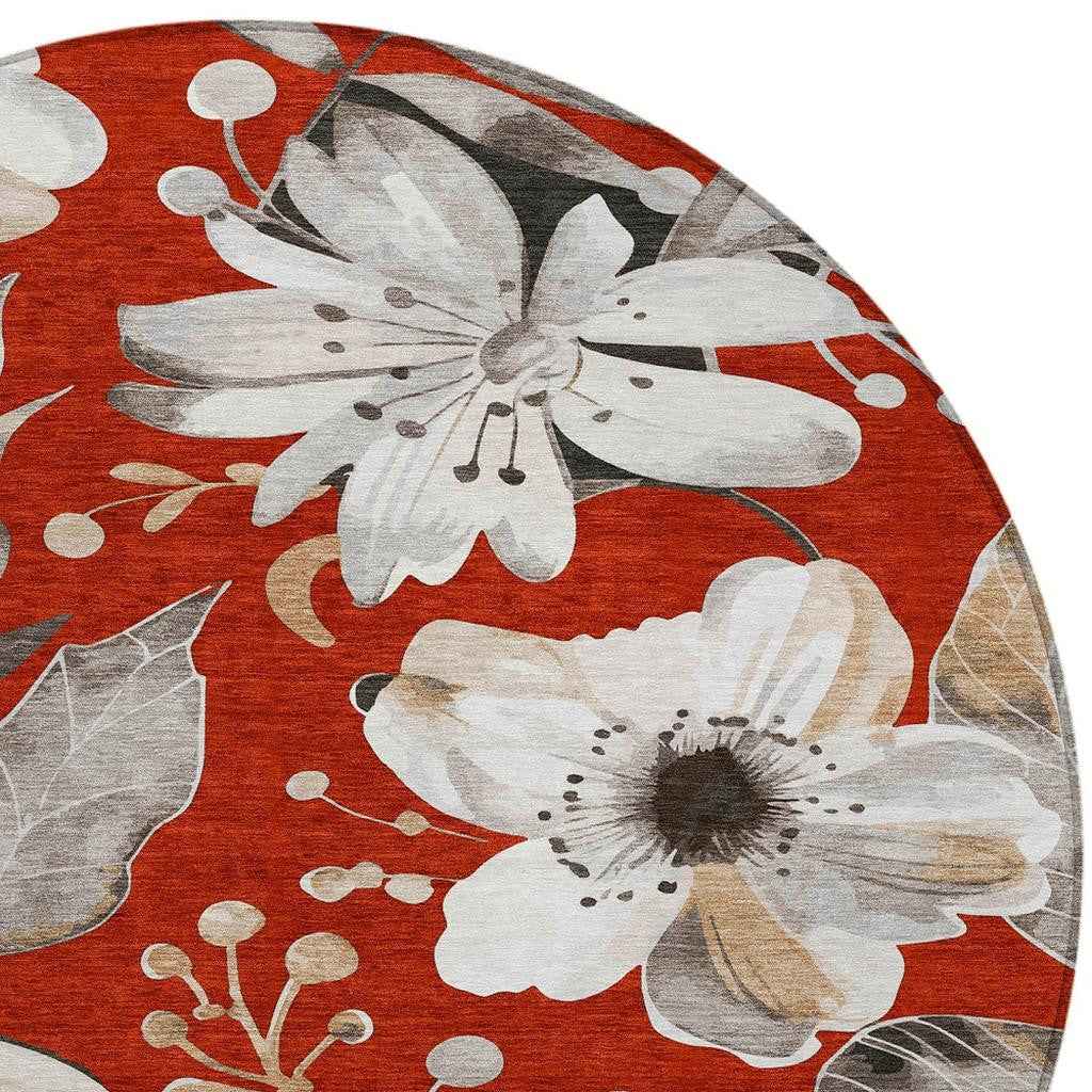 8' Red Ivory And Charcoal Round Floral Washable Indoor Outdoor Area Rug