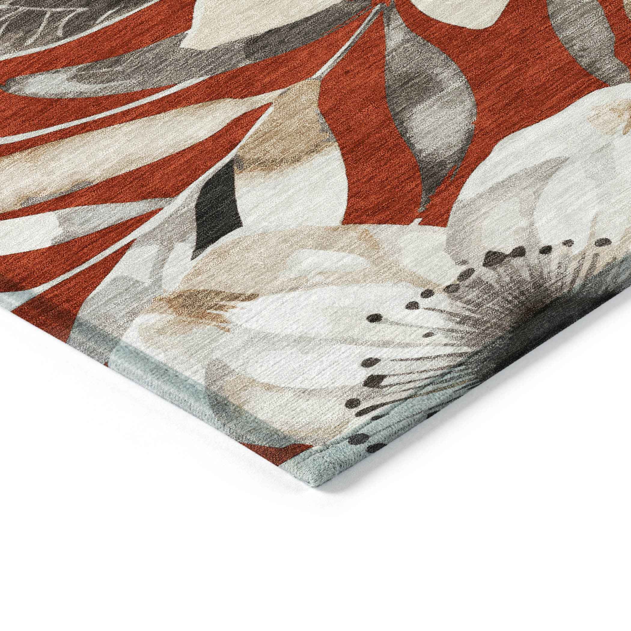 8' Red Ivory And Charcoal Round Floral Washable Indoor Outdoor Area Rug