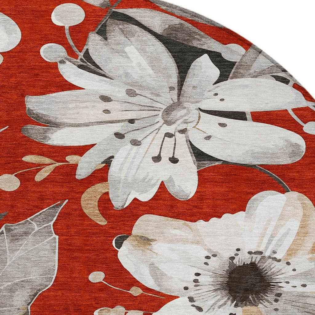 8' Red Ivory And Charcoal Round Floral Washable Indoor Outdoor Area Rug