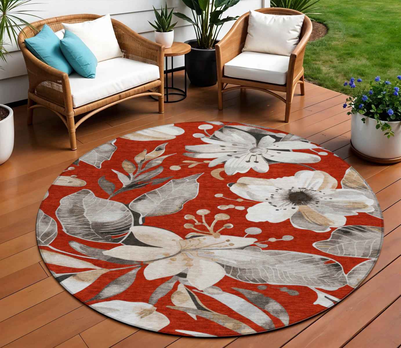 8' Red Ivory And Charcoal Round Floral Washable Indoor Outdoor Area Rug