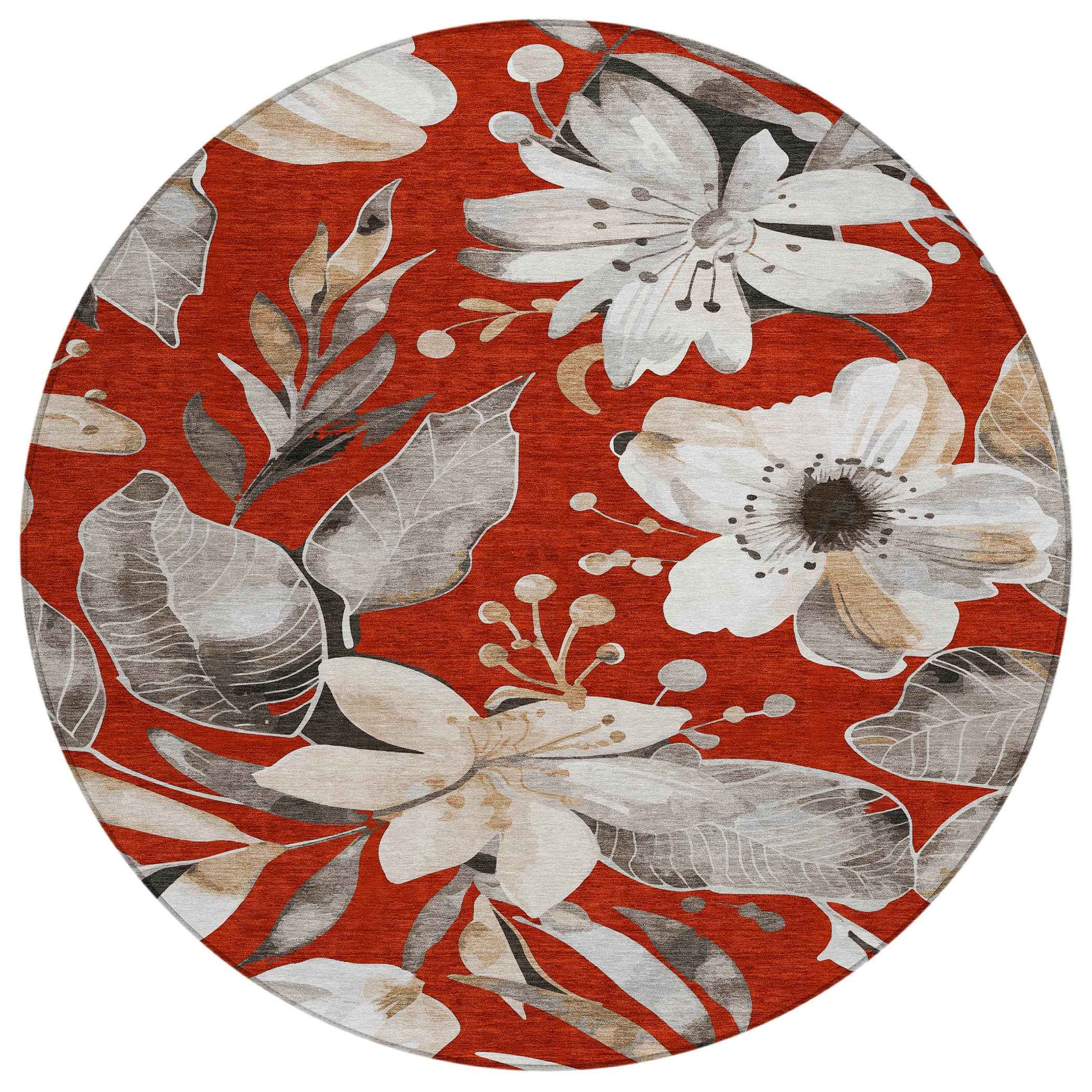 8' Red Ivory And Charcoal Round Floral Washable Indoor Outdoor Area Rug