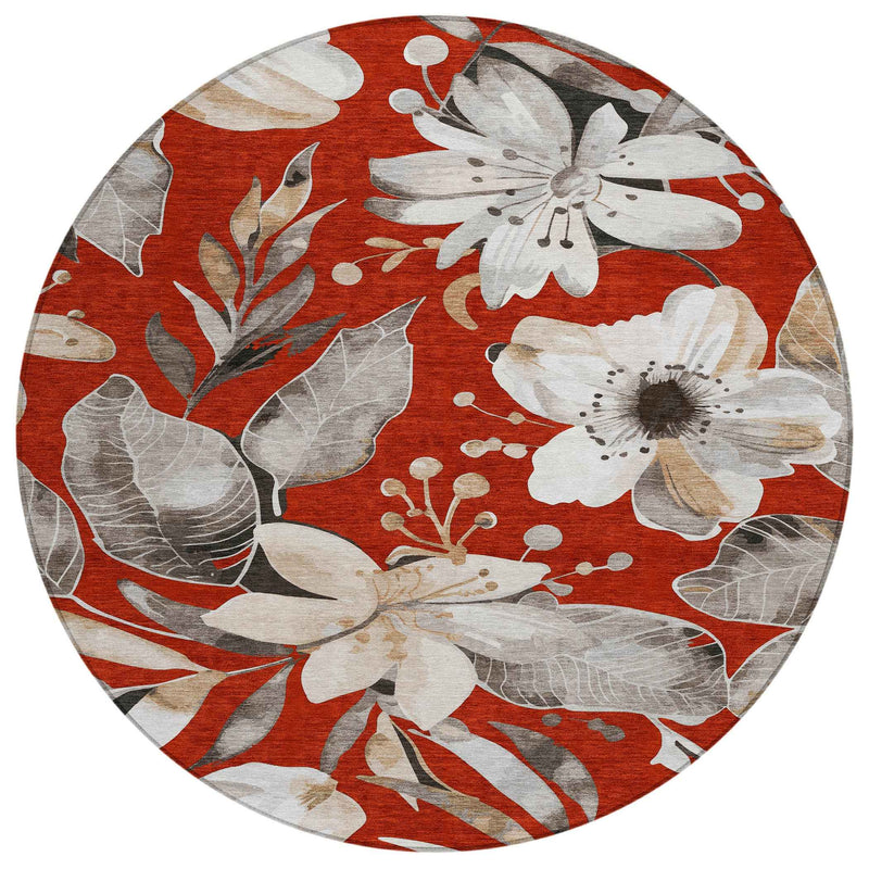 8' Red Ivory And Charcoal Round Floral Washable Indoor Outdoor Area Rug