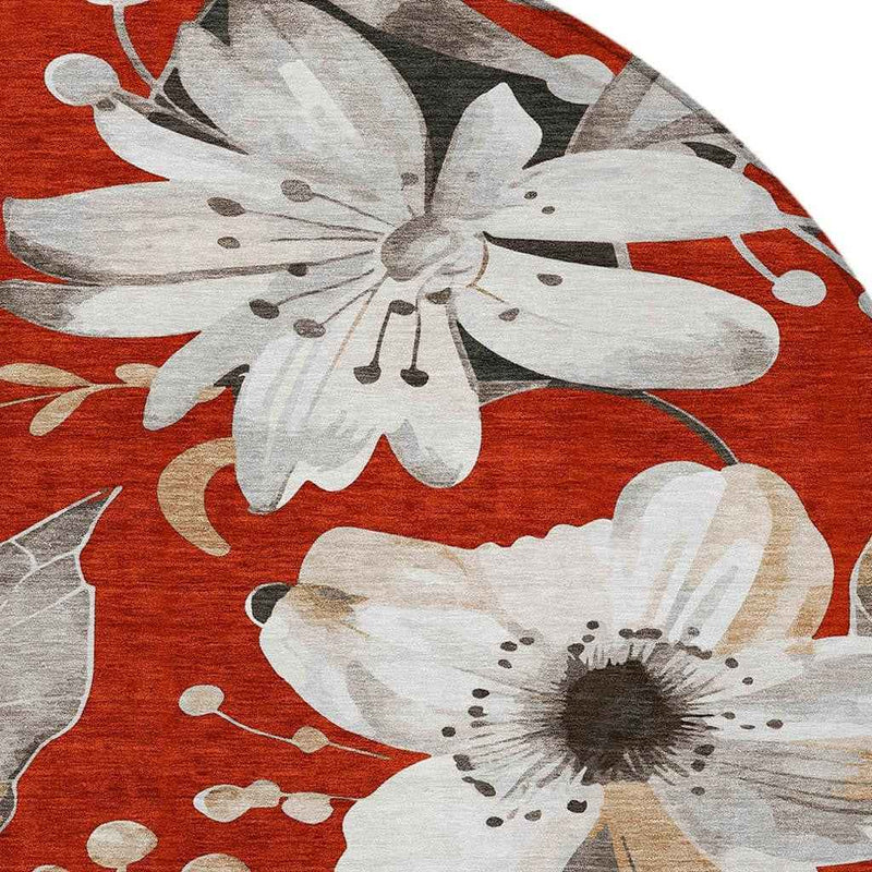 8' Red Ivory And Charcoal Round Floral Washable Indoor Outdoor Area Rug