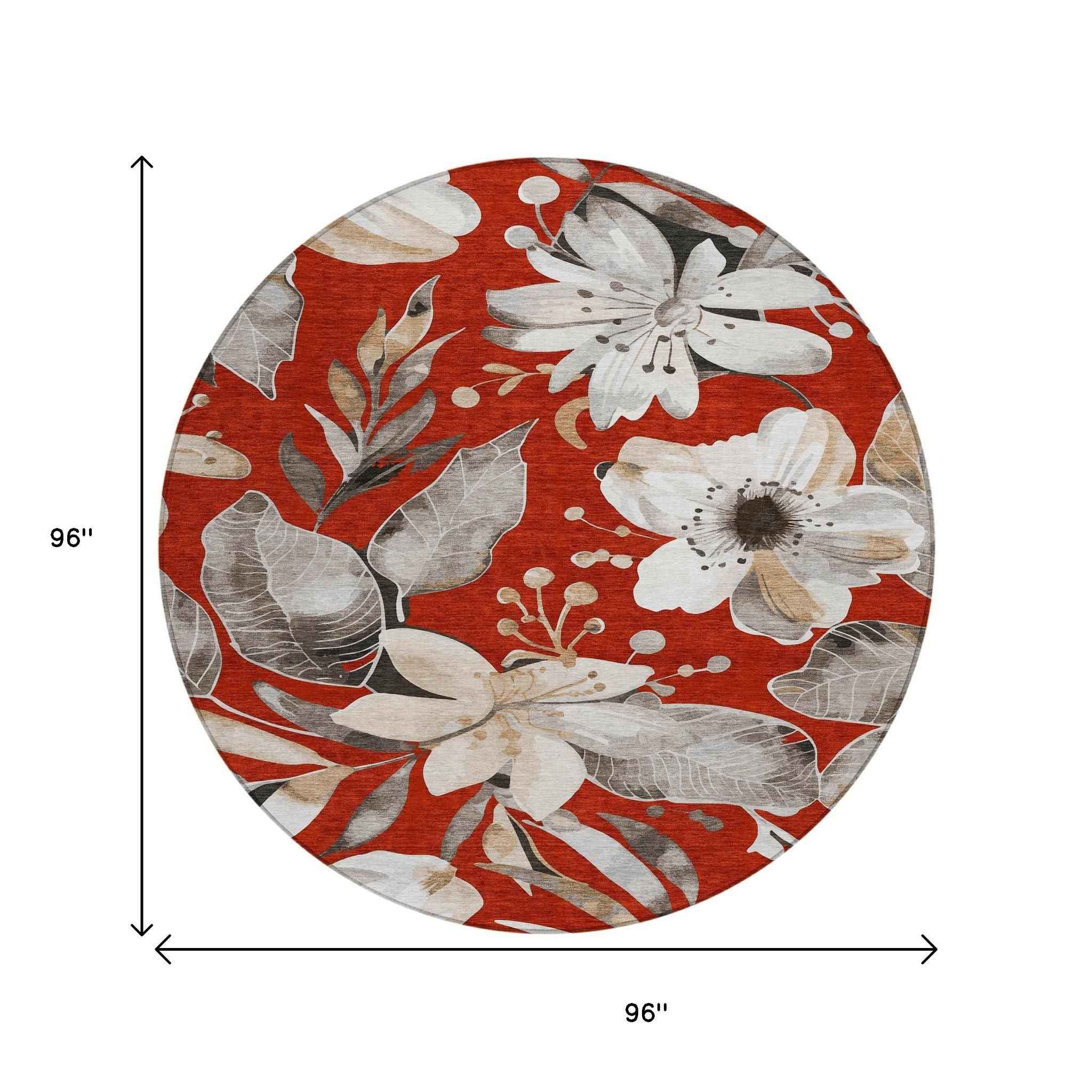 8' Red Ivory And Charcoal Round Floral Washable Indoor Outdoor Area Rug