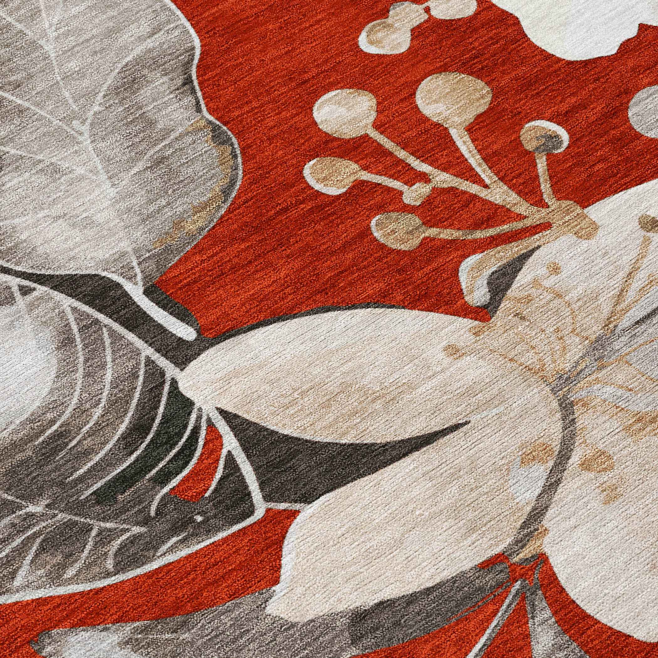 8' Red Ivory And Charcoal Round Floral Washable Indoor Outdoor Area Rug