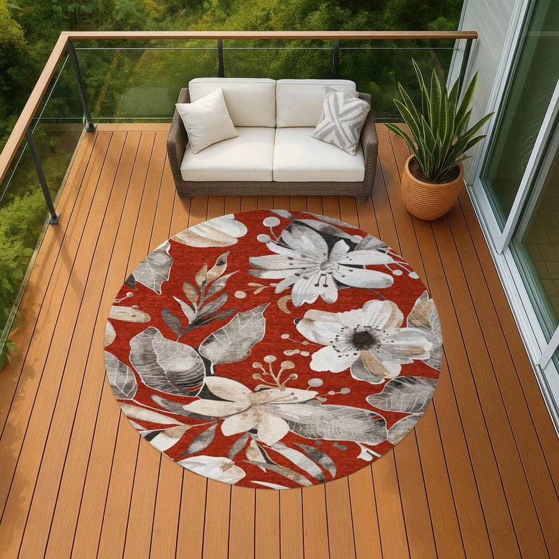 8' Red Ivory And Charcoal Round Floral Washable Indoor Outdoor Area Rug