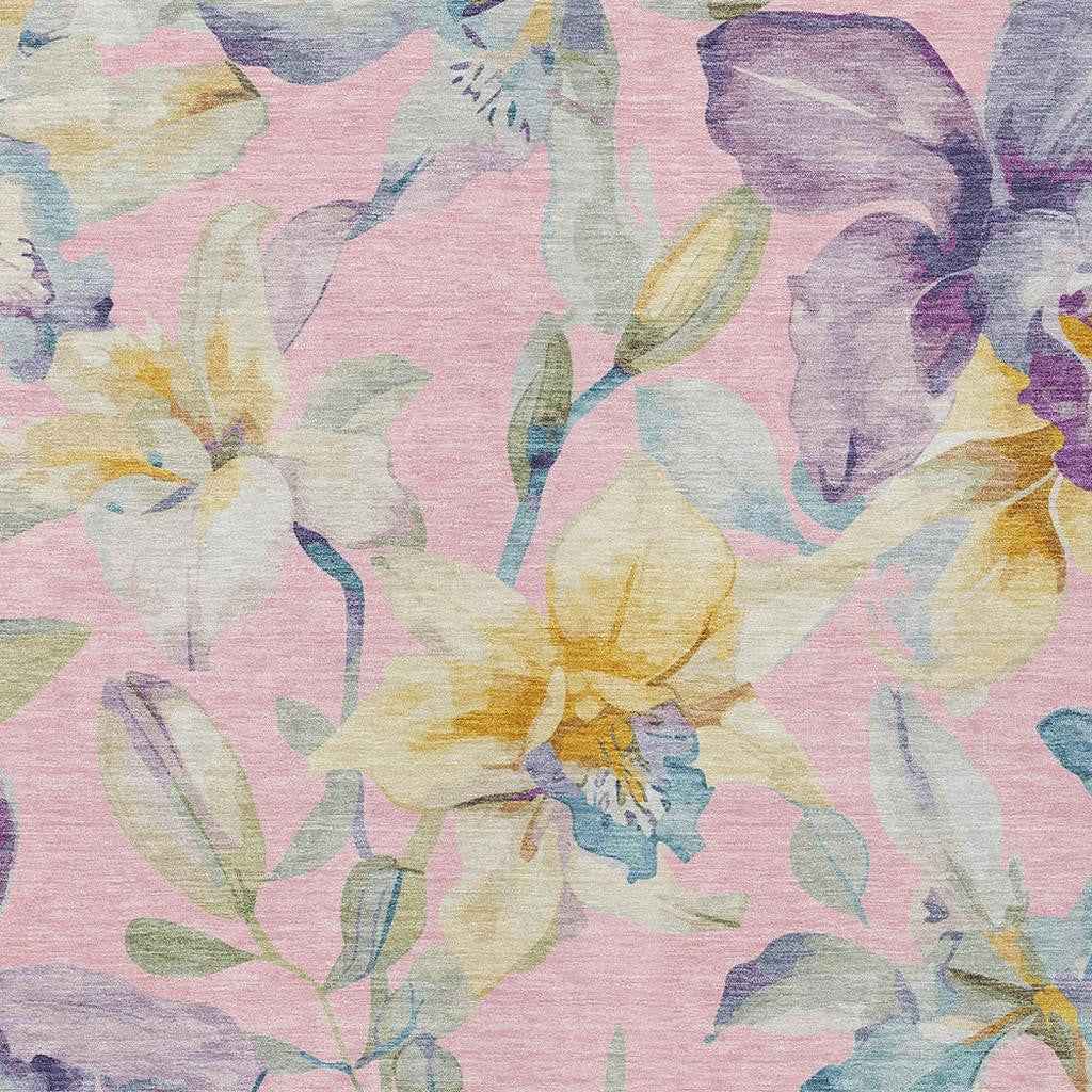 5' X 8' Pink Gold And Lavender Floral Washable Indoor Outdoor Area Rug