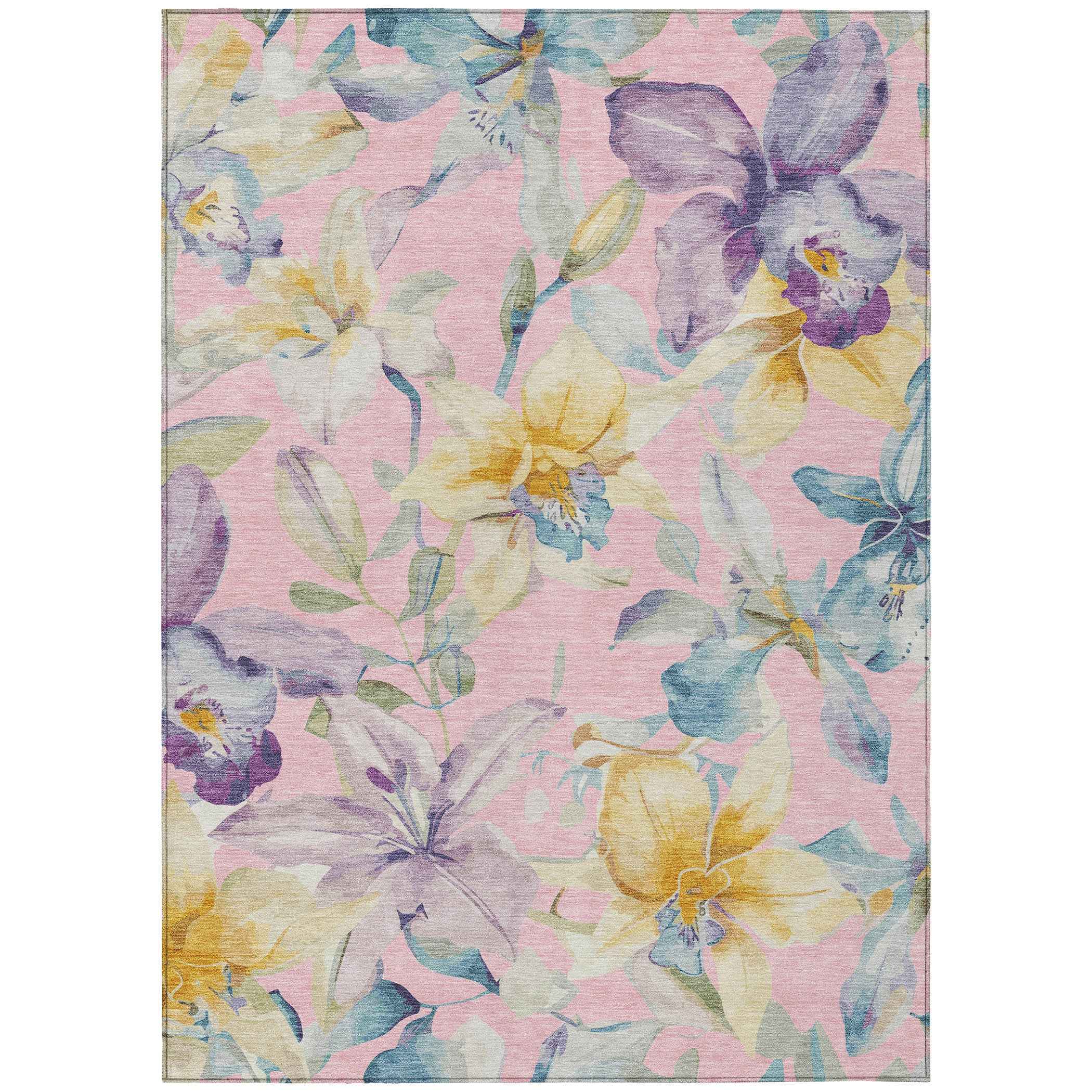 5' X 8' Pink Gold And Lavender Floral Washable Indoor Outdoor Area Rug