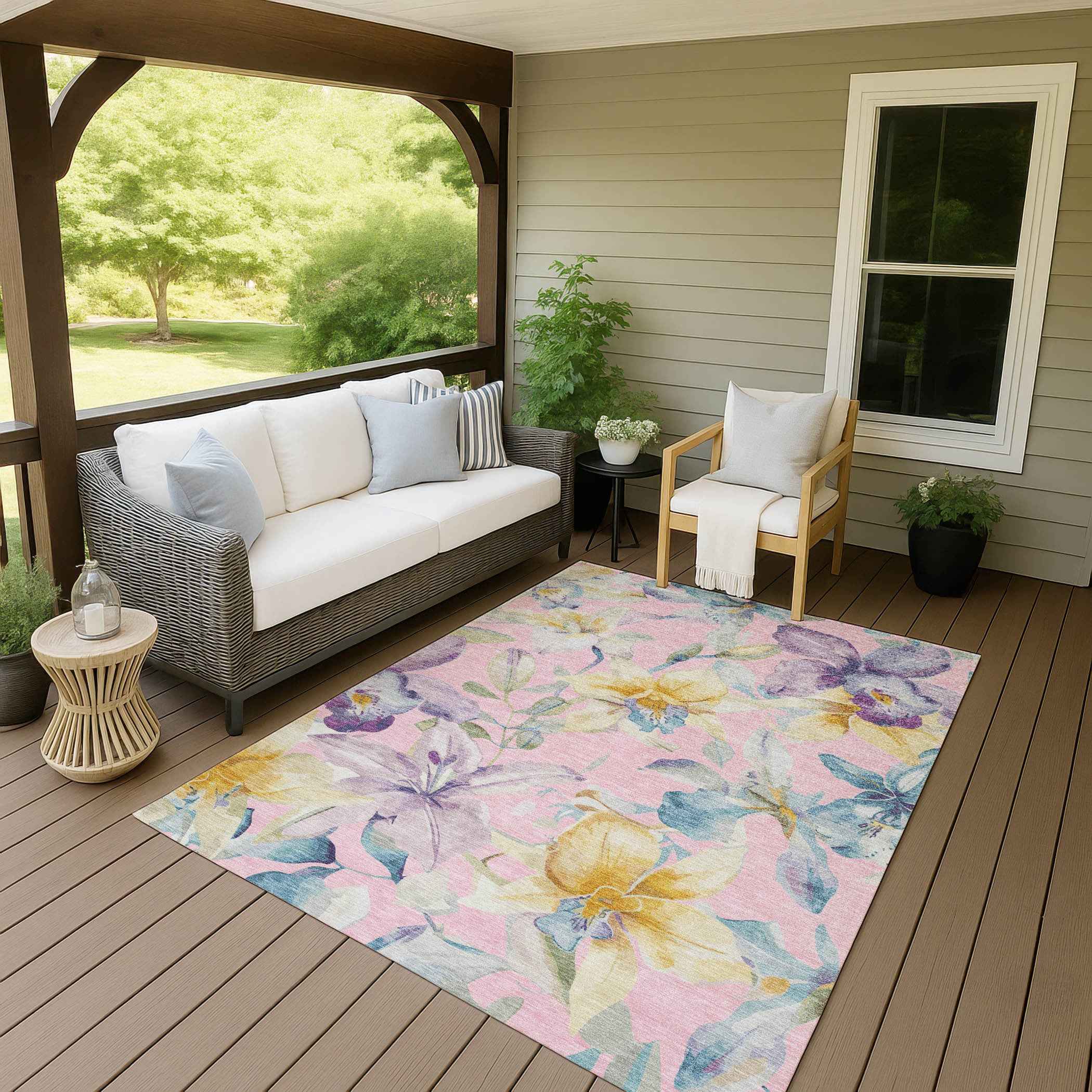 5' X 8' Pink Gold And Lavender Floral Washable Indoor Outdoor Area Rug