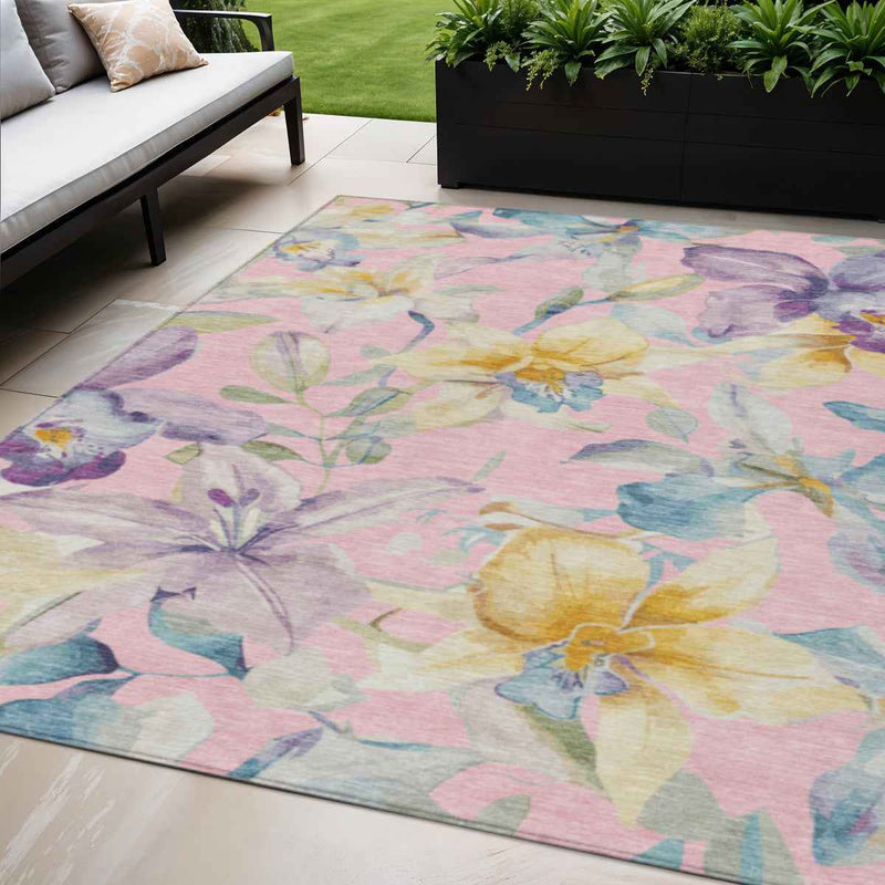 5' X 8' Pink Gold And Lavender Floral Washable Indoor Outdoor Area Rug