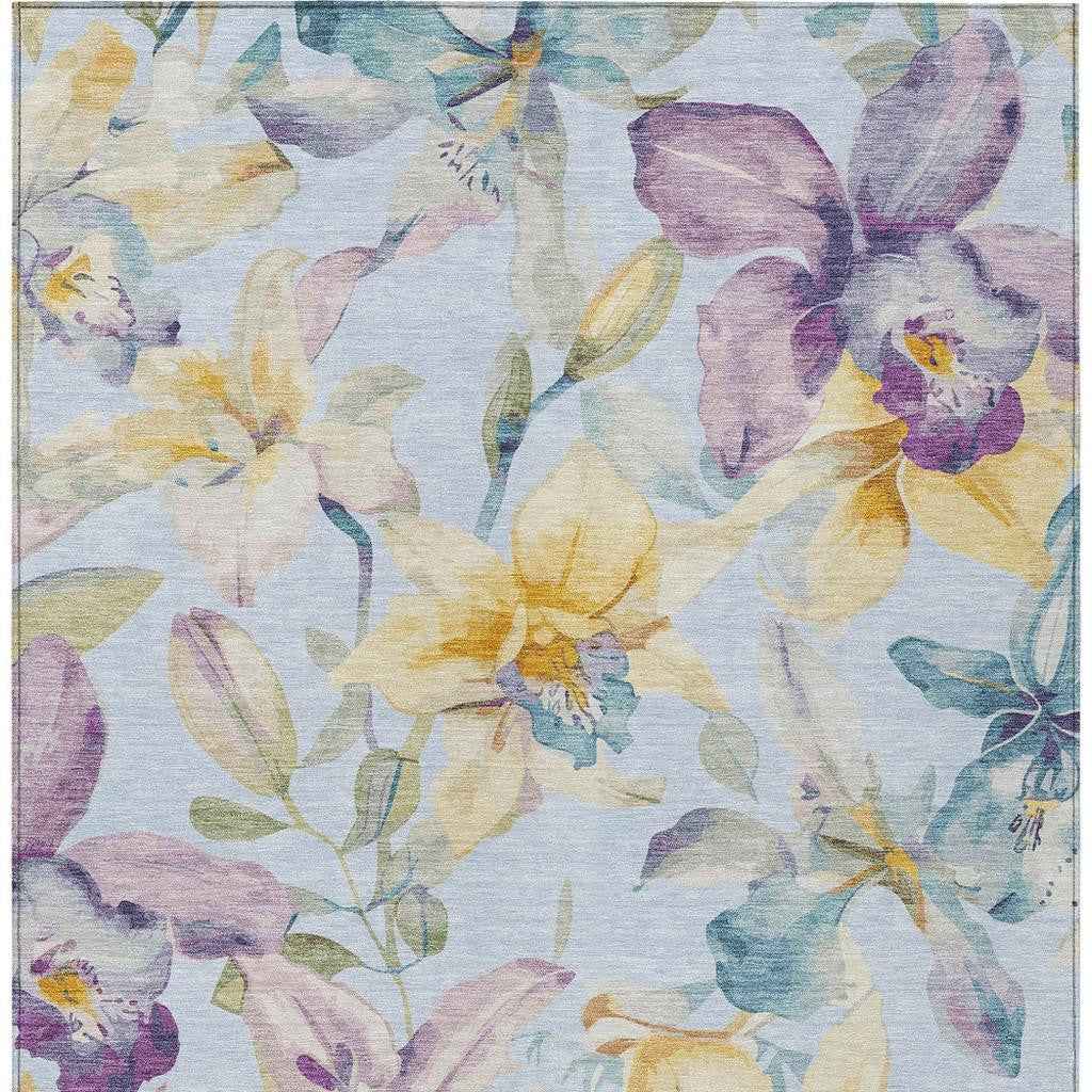 5' X 8' Sky Blue Gold And Lavender Floral Washable Indoor Outdoor Area Rug