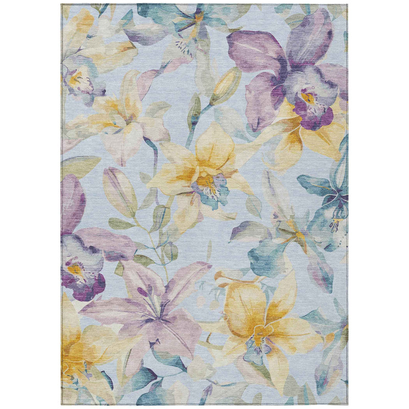 5' X 8' Sky Blue Gold And Lavender Floral Washable Indoor Outdoor Area Rug