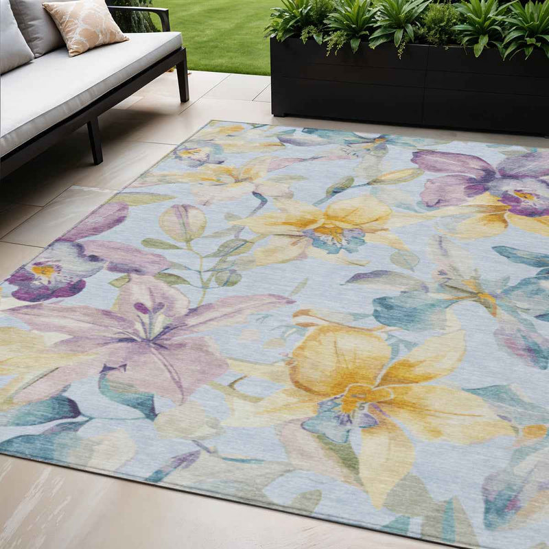 5' X 8' Sky Blue Gold And Lavender Floral Washable Indoor Outdoor Area Rug