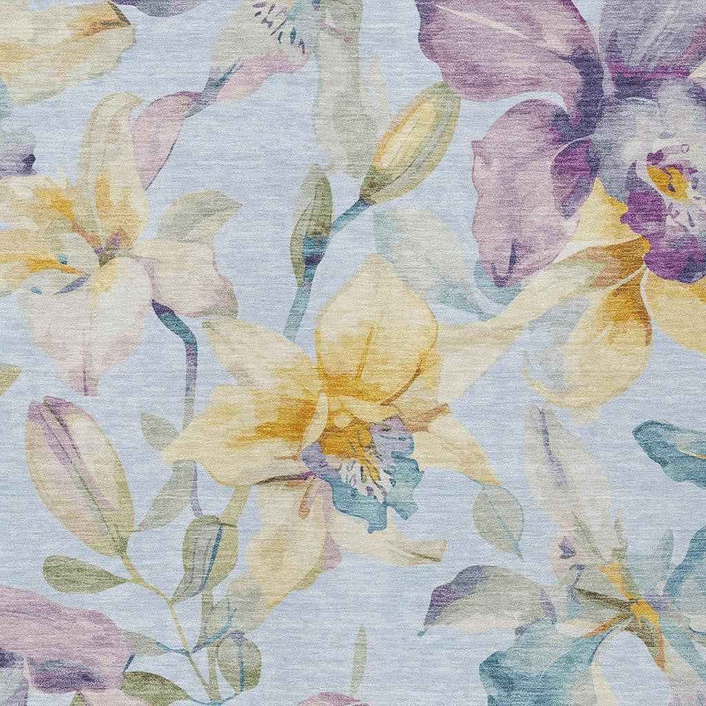 5' X 8' Sky Blue Gold And Lavender Floral Washable Indoor Outdoor Area Rug