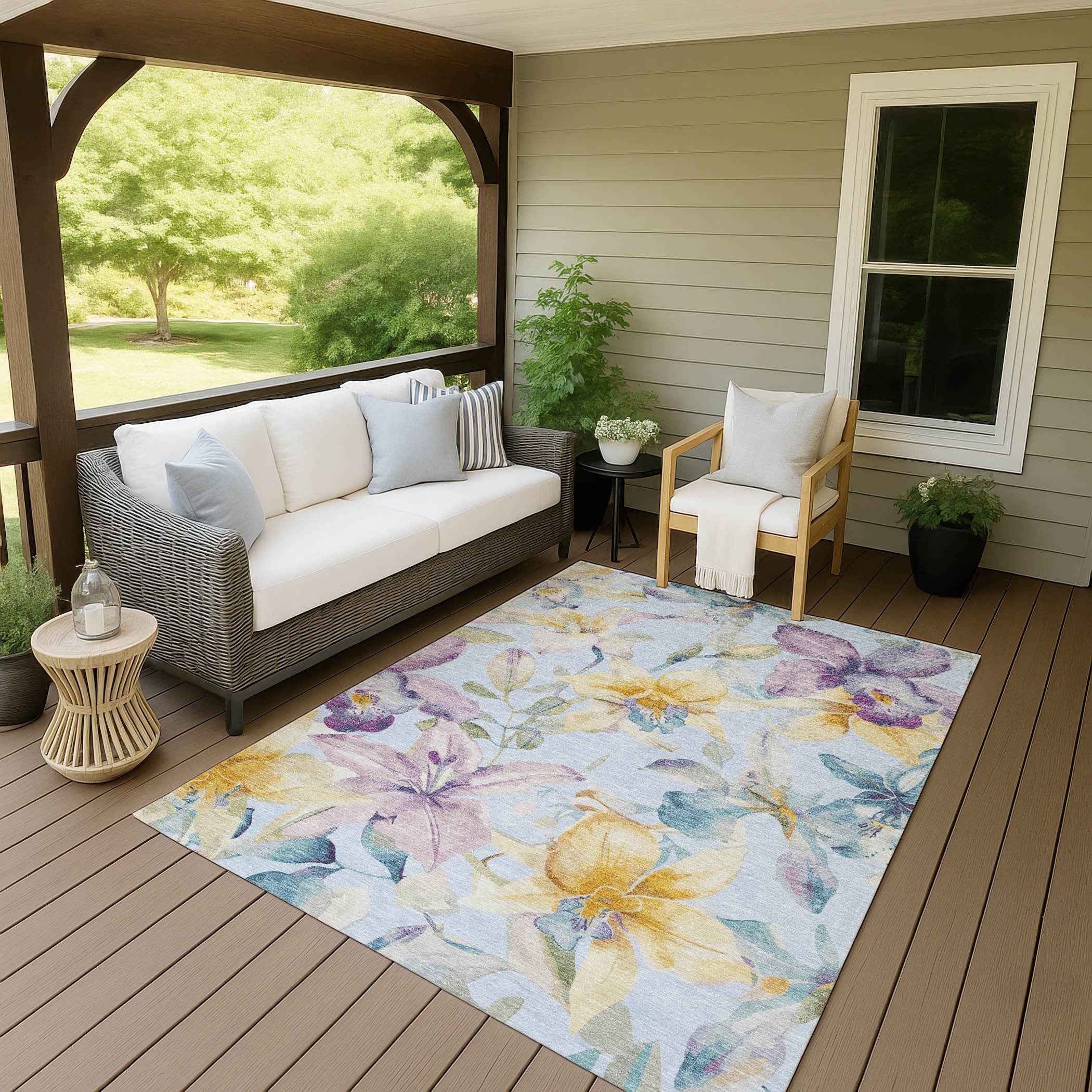 5' X 8' Sky Blue Gold And Lavender Floral Washable Indoor Outdoor Area Rug