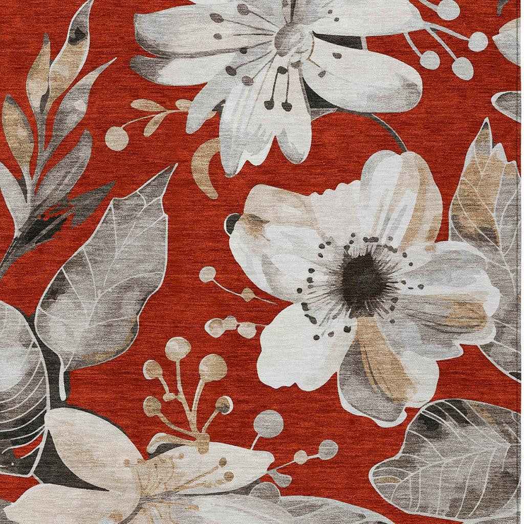 10' X 14' Red Ivory And Charcoal Floral Washable Indoor Outdoor Area Rug