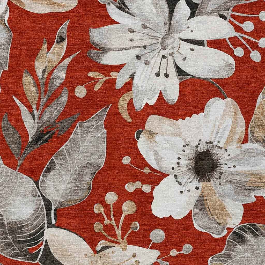 10' X 14' Red Ivory And Charcoal Floral Washable Indoor Outdoor Area Rug