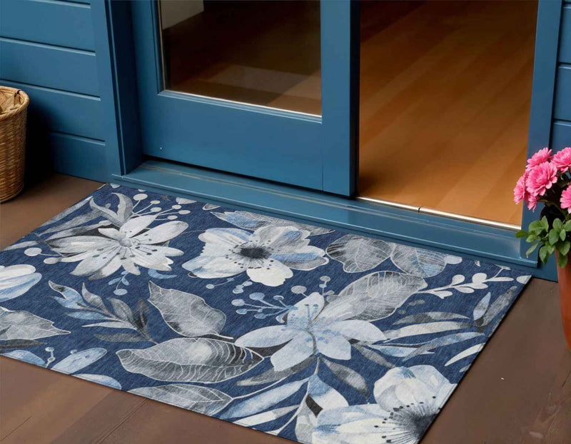 3' X 5' Navy Blue Ivory And Charcoal Floral Washable Indoor Outdoor Area Rug