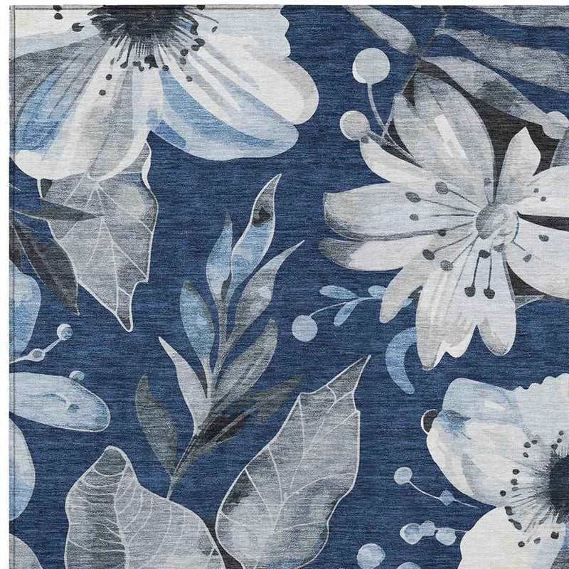 3' X 5' Navy Blue Ivory And Charcoal Floral Washable Indoor Outdoor Area Rug