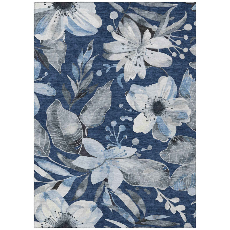 3' X 5' Navy Blue Ivory And Charcoal Floral Washable Indoor Outdoor Area Rug