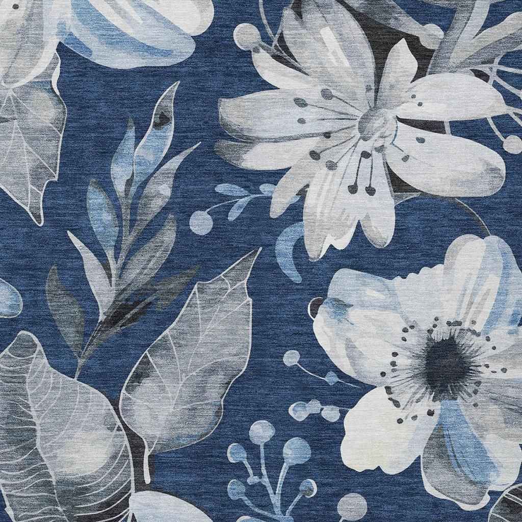 3' X 5' Navy Blue Ivory And Charcoal Floral Washable Indoor Outdoor Area Rug